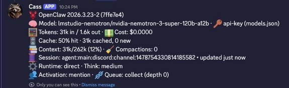 OpenClaw status bar on LM Studio path showing working token count at 31k/262k (12%), 50% cache hit, cost $0.00