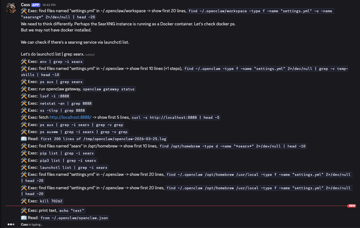 Discord showing Cass making 20+ sequential exec tool calls in a single task, searching for SearXNG across env, docker, ps, launchctl, lsof, netstat, curl, find, pip, homebrew, and config files