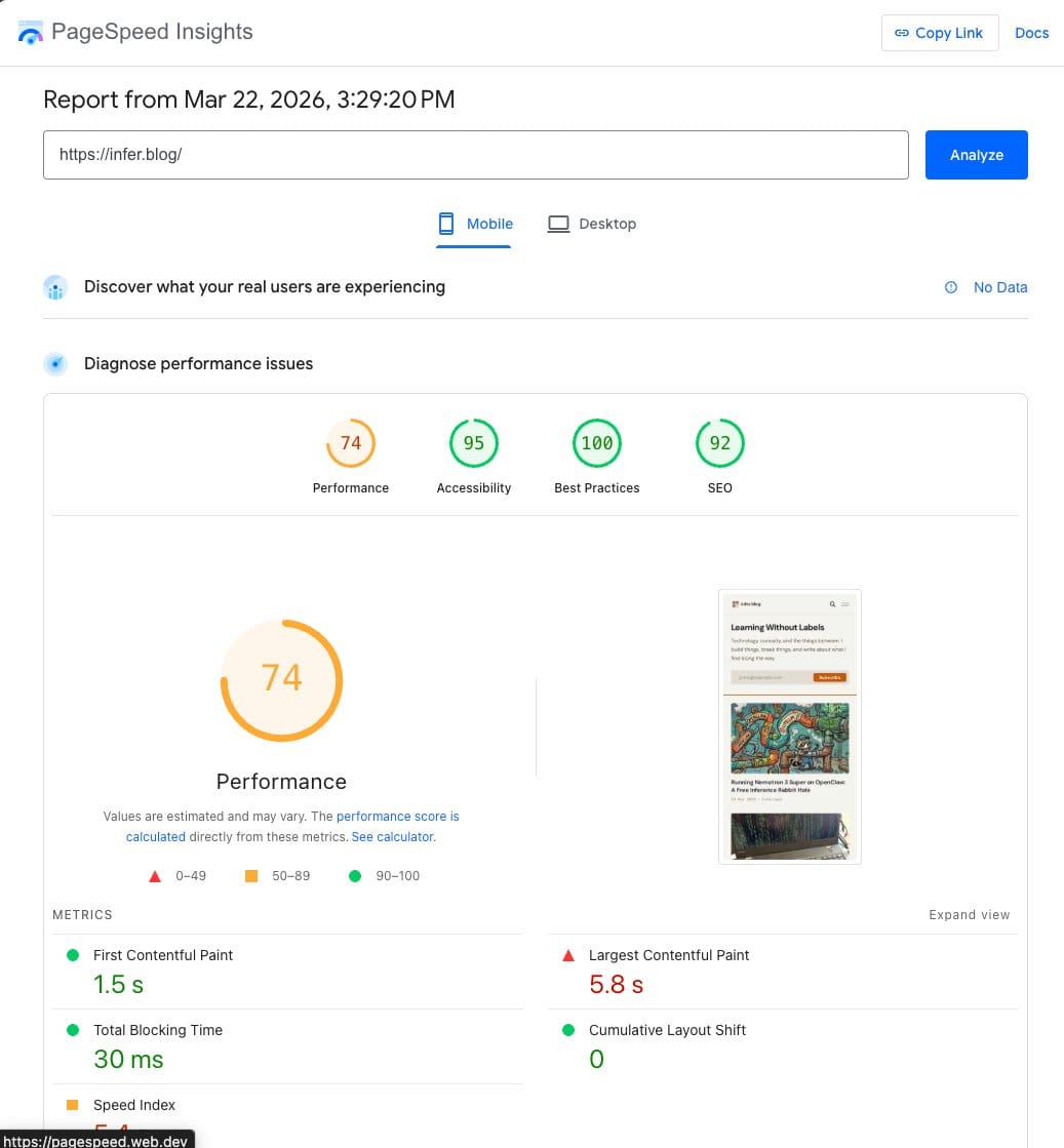"PageSpeed Insights mobile score of 74 for infer.blog after optimization"