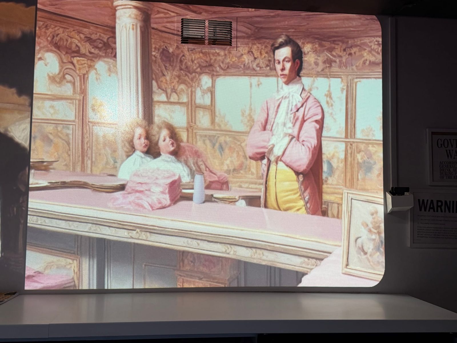 AI-generated Rococo-style scene at the XR Bar showing a pink-coated colonial-era bartender with two child patrons at an ornate marble counter, rendered in pink and gold tones