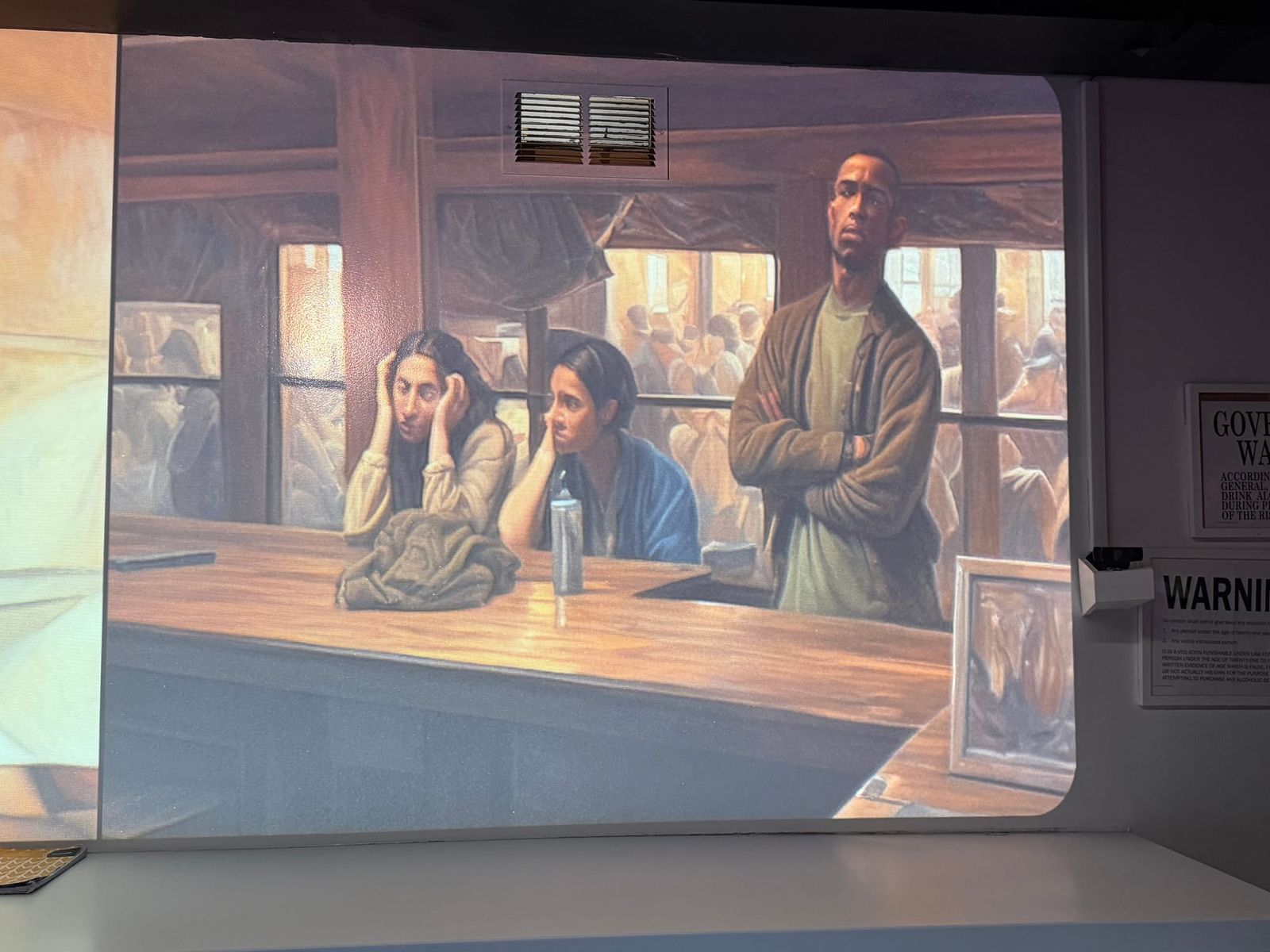AI-generated painterly scene at the XR Bar in the style of Edward Hopper's Nighthawks, showing three contemporary patrons in muted warm tones with a bustling crowd visible through the windows