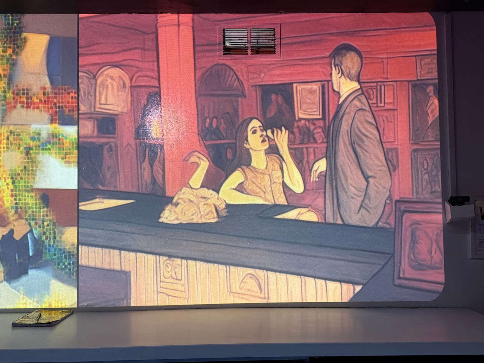 AI-generated expressionist scene at the XR Bar in deep reds and oranges, showing a woman and a suited bartender in conversation