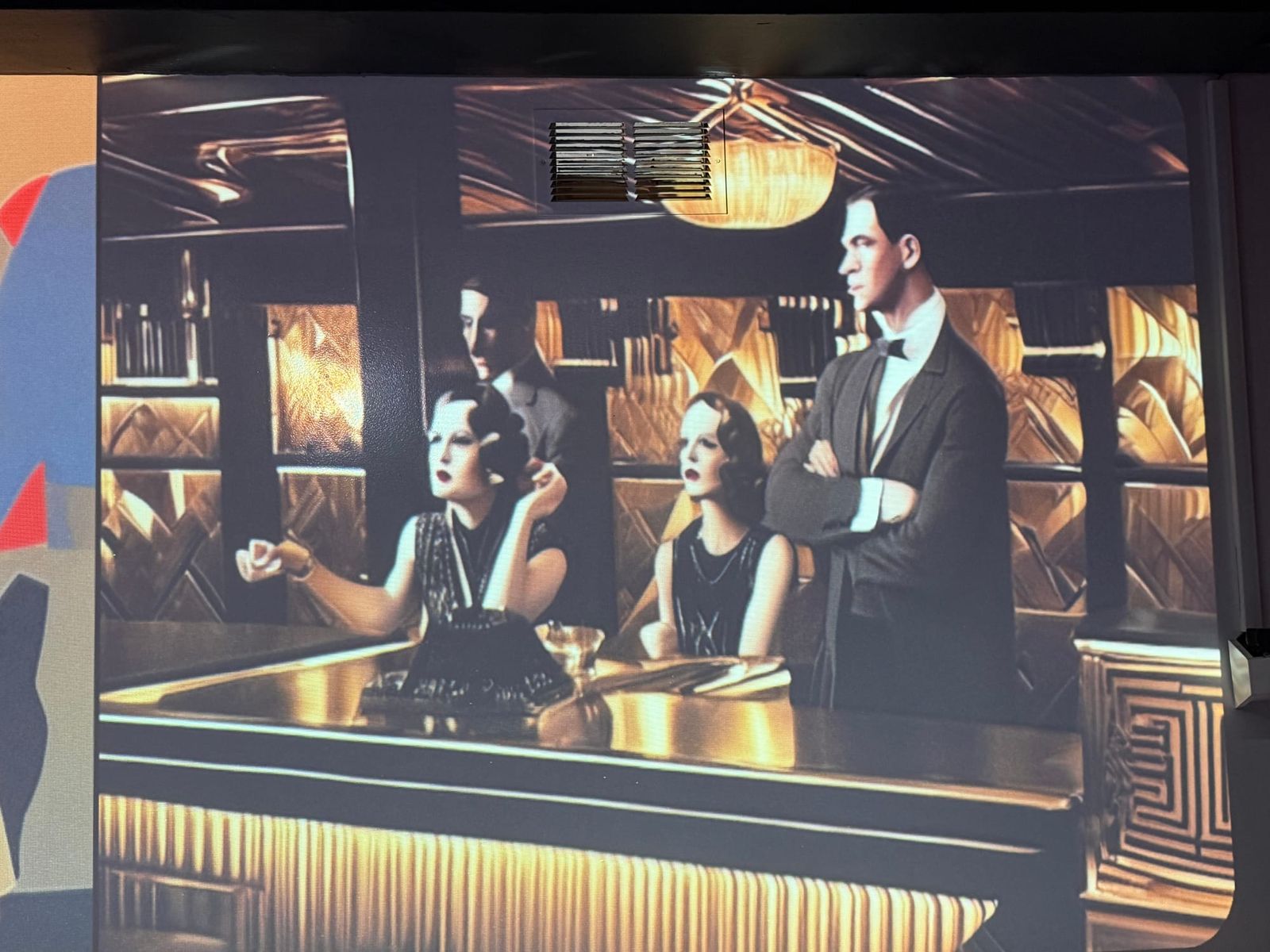 AI-generated Art Deco scene at the XR Bar with flapper-era women in beaded dresses and a tuxedoed bartender, rendered in gold and black tones