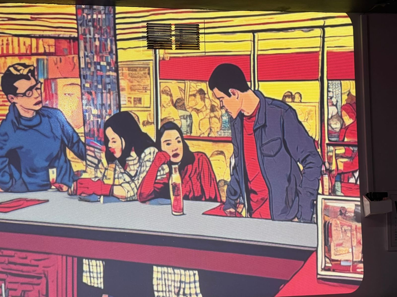 AI-generated pop art scene at the XR Bar in bold reds and yellows with comic-book styling, showing four patrons at the counter