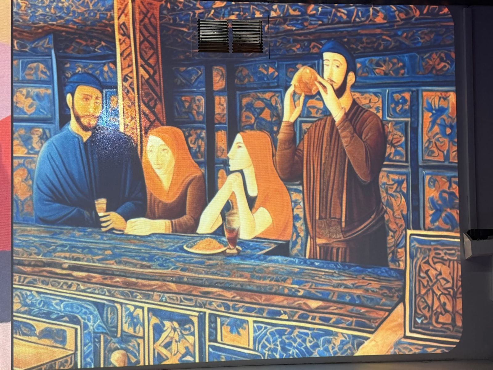 AI-generated medieval Mesopotamian scene at the XR Bar with robed figures against intricately tiled blue and orange walls