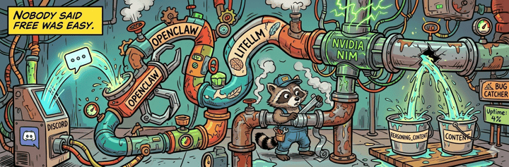 Cartoon raccoon plumber surrounded by labeled pipes for Discord, OpenClaw, LiteLLM, and NVIDIA NIM, with reasoning_content and content buckets catching leaks from a bug catcher valve.