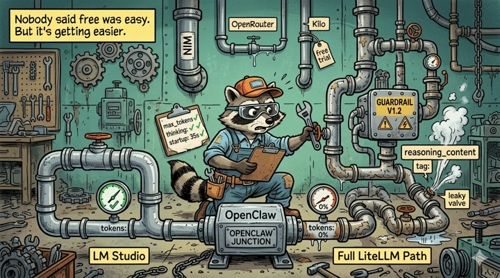 Cartoon raccoon plumber at an OpenClaw junction comparing a clean LM Studio pipe path to a longer LiteLLM path with a guardrail module and leaking reasoning_content valve.
